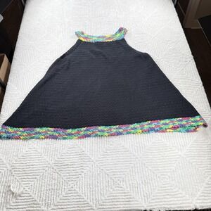 Vintage Handmade Crochet Halter Tunic Women OS Black Rainbow Knit Boho 70's